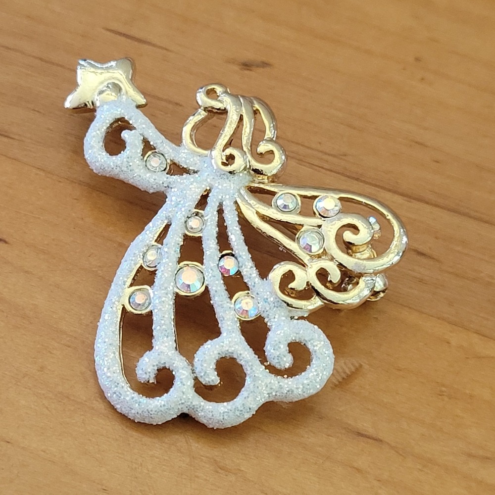 Vintage Signed Danecraft Gold Tone Glitter Angel Star Rhinestone Brooch